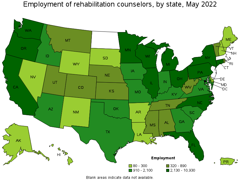 Map of employment of rehabilitation counselors by state, May 2022