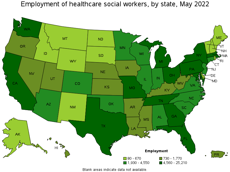 Map of employment of healthcare social workers by state, May 2022