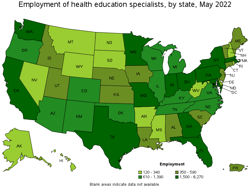 Map of employment of health education specialists by state, May 2022