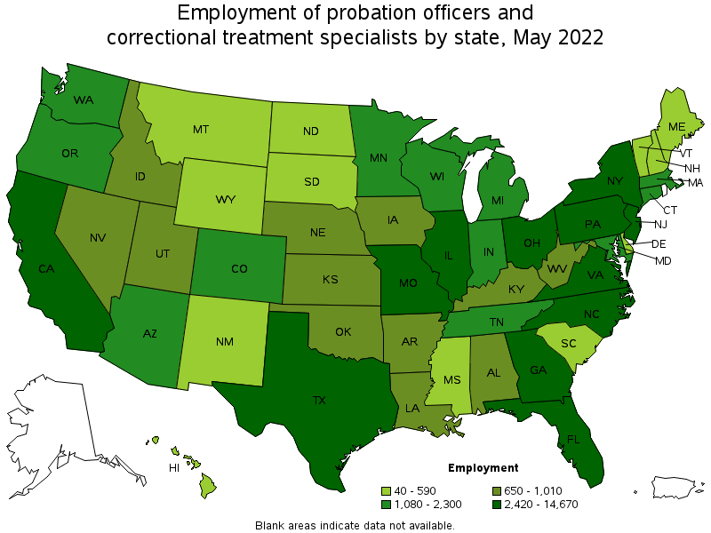 Map of employment of probation officers and correctional treatment specialists by state, May 2022