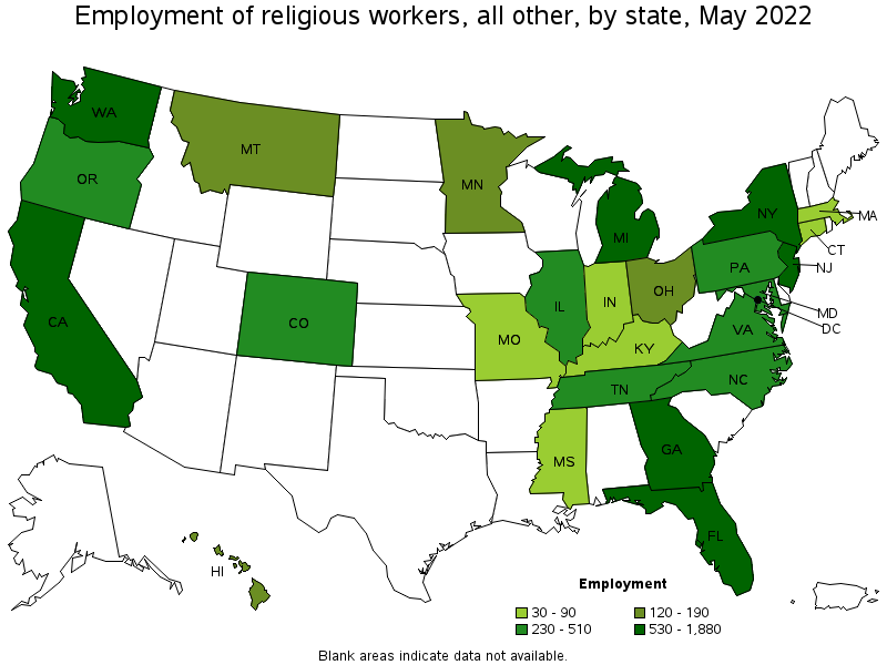 Map of employment of religious workers, all other by state, May 2022