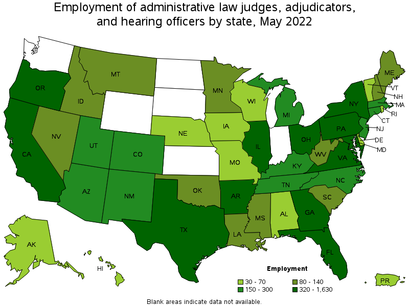 Map of employment of administrative law judges, adjudicators, and hearing officers by state, May 2022