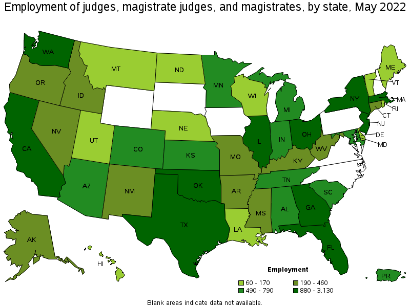 Map of employment of judges, magistrate judges, and magistrates by state, May 2022