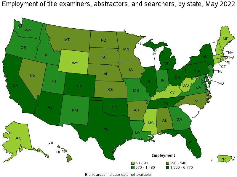 Map of employment of title examiners, abstractors, and searchers by state, May 2022