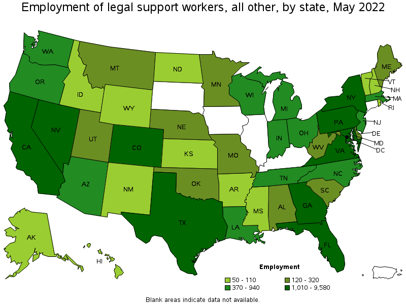 Map of employment of legal support workers, all other by state, May 2022