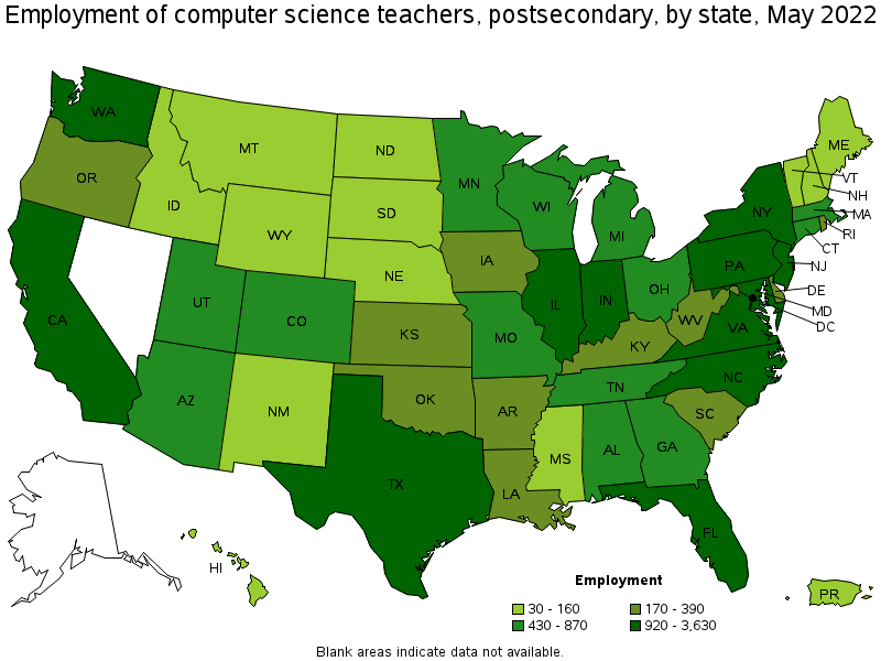 Map of employment of computer science teachers, postsecondary by state, May 2022