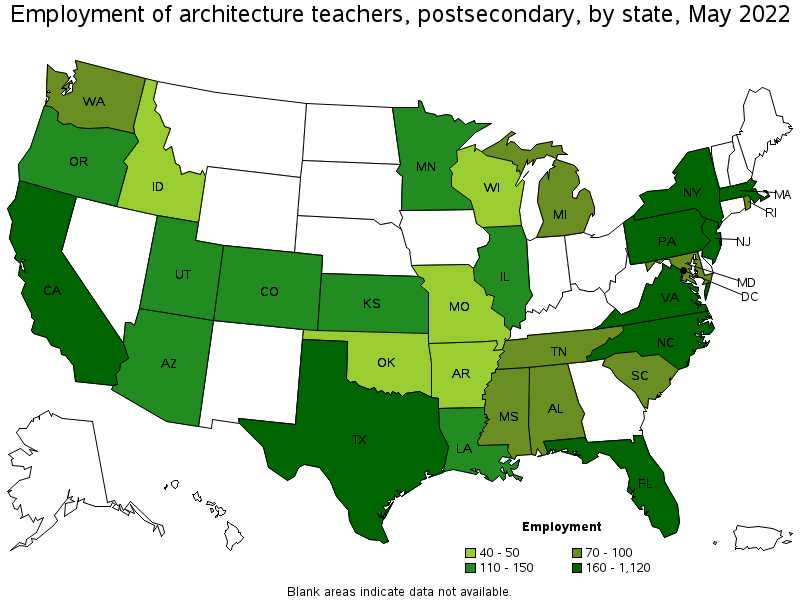 Map of employment of architecture teachers, postsecondary by state, May 2022