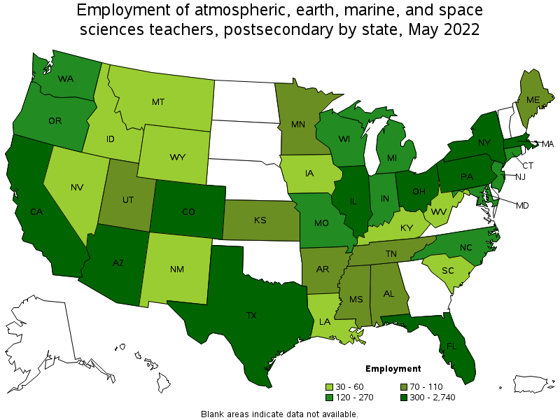 Map of employment of atmospheric, earth, marine, and space sciences teachers, postsecondary by state, May 2022