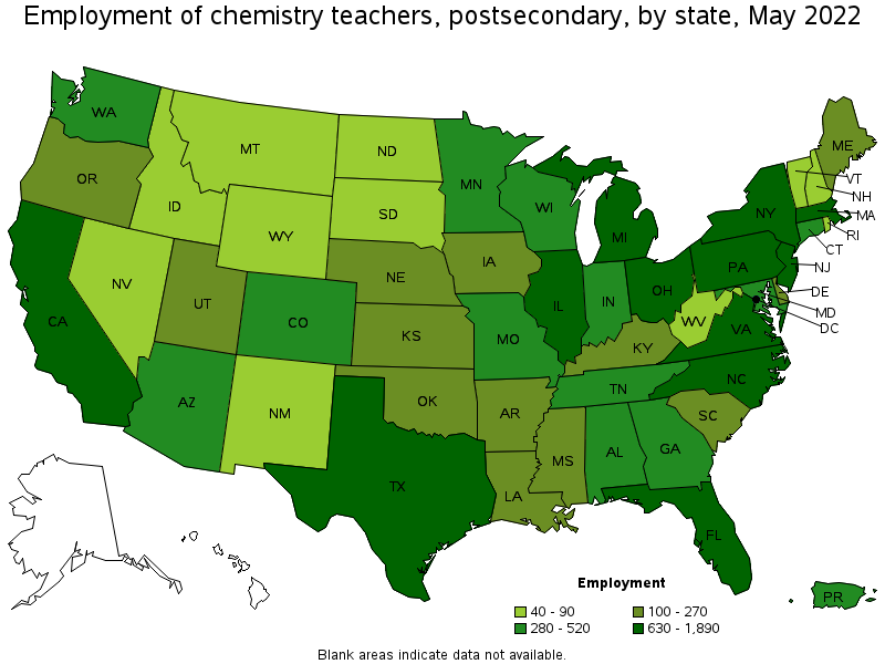 Map of employment of chemistry teachers, postsecondary by state, May 2022