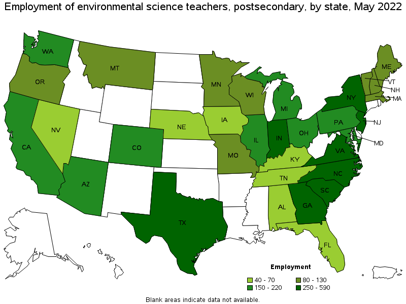 Map of employment of environmental science teachers, postsecondary by state, May 2022