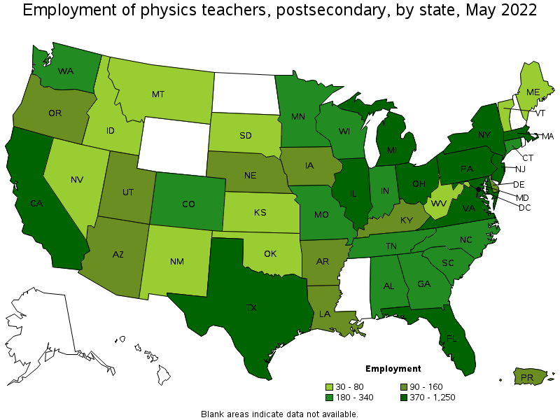 Map of employment of physics teachers, postsecondary by state, May 2022