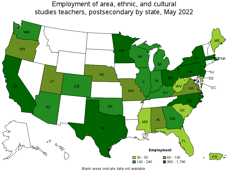 Map of employment of area, ethnic, and cultural studies teachers, postsecondary by state, May 2022