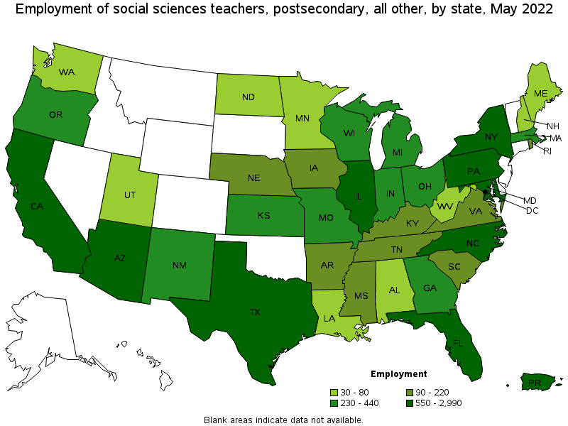 Map of employment of social sciences teachers, postsecondary, all other by state, May 2022