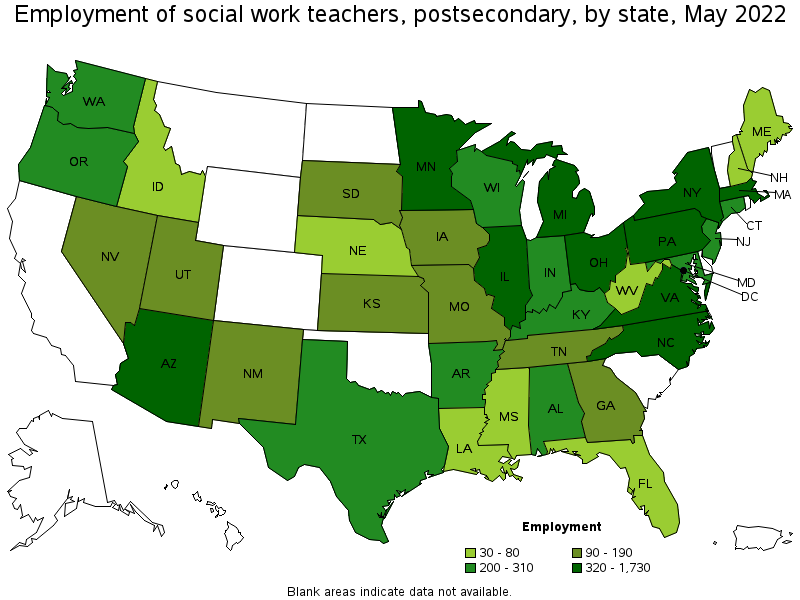 Map of employment of social work teachers, postsecondary by state, May 2022