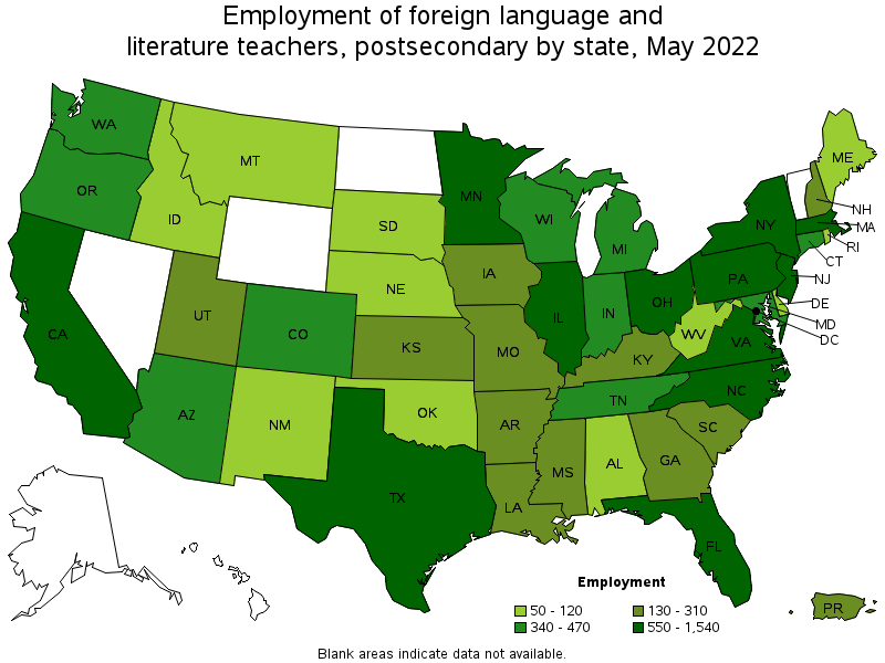 Map of employment of foreign language and literature teachers, postsecondary by state, May 2022