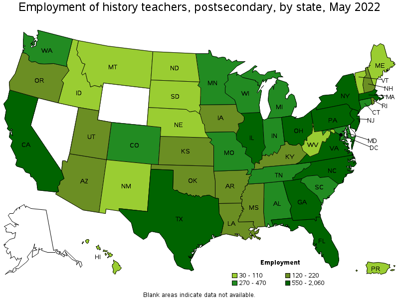 Map of employment of history teachers, postsecondary by state, May 2022