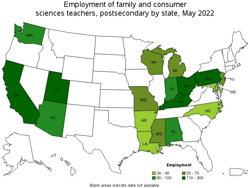 Map of employment of family and consumer sciences teachers, postsecondary by state, May 2022