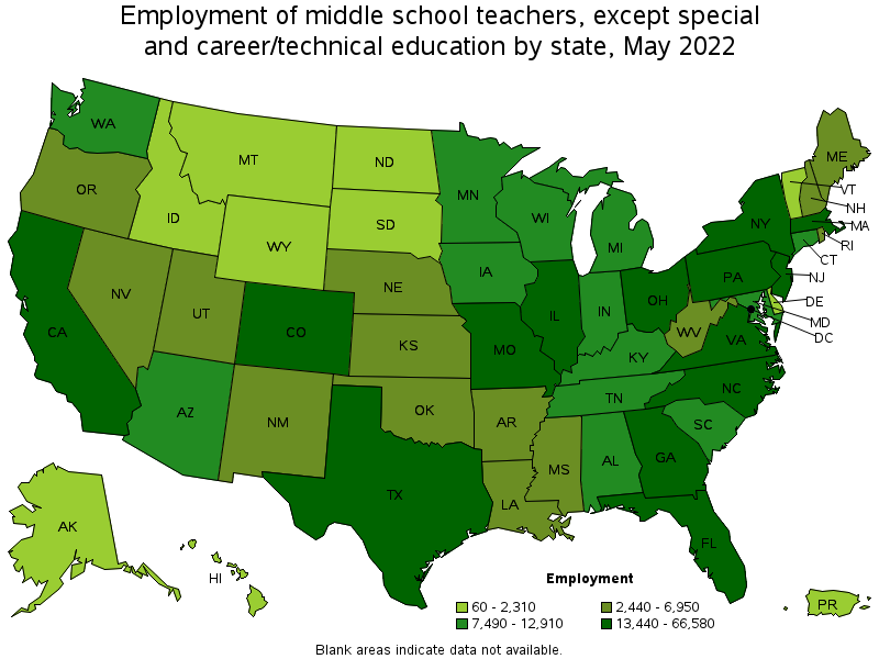 Map of employment of middle school teachers, except special and career/technical education by state, May 2022