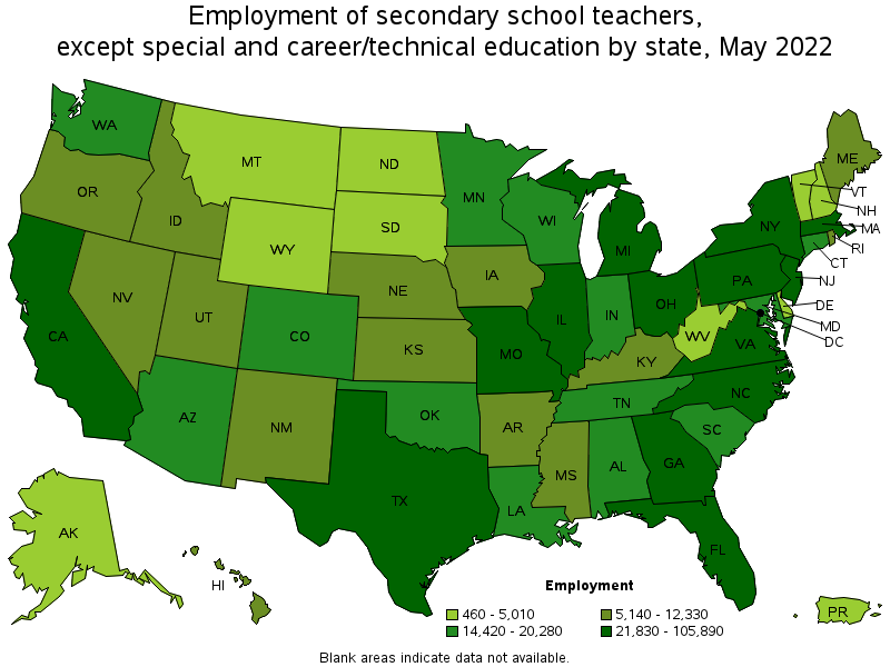 Map of employment of secondary school teachers, except special and career/technical education by state, May 2022