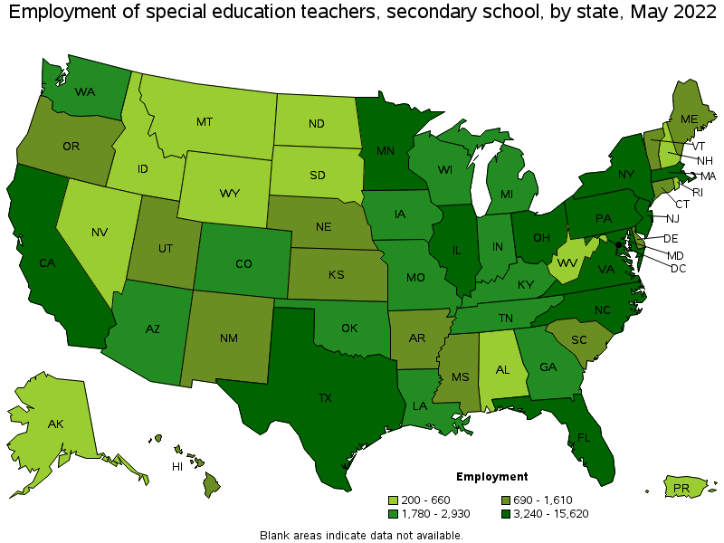 Map of employment of special education teachers, secondary school by state, May 2022