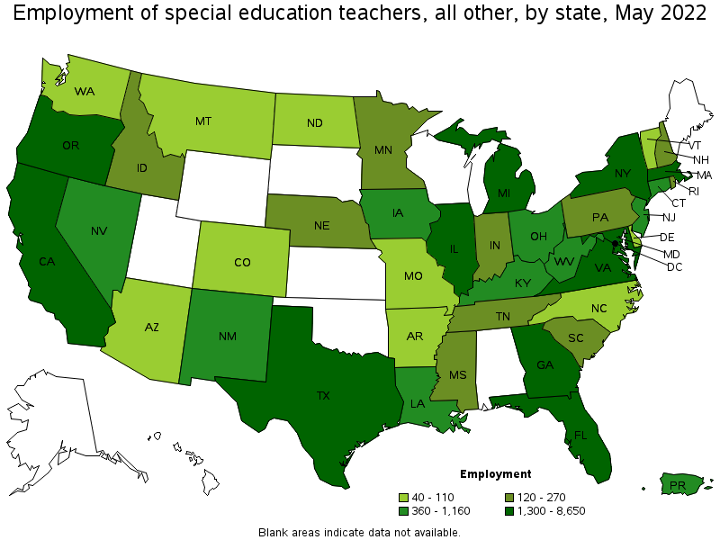 Map of employment of special education teachers, all other by state, May 2022