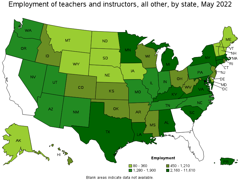 Map of employment of teachers and instructors, all other by state, May 2022