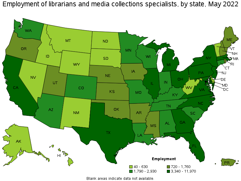 Map of employment of librarians and media collections specialists by state, May 2022