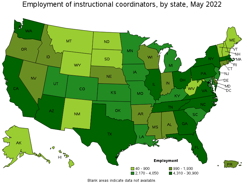 Map of employment of instructional coordinators by state, May 2022