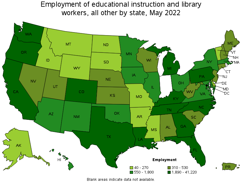 Map of employment of educational instruction and library workers, all other by state, May 2022