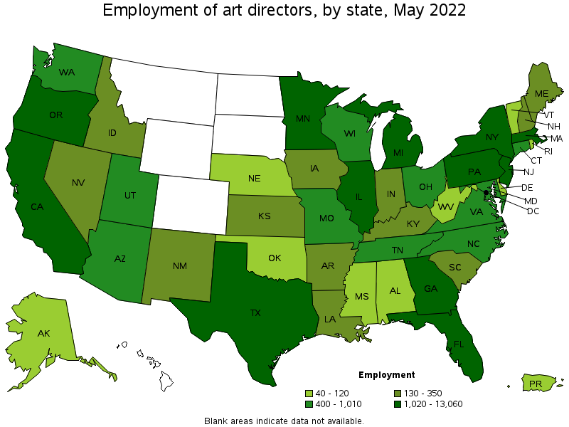 Map of employment of art directors by state, May 2022