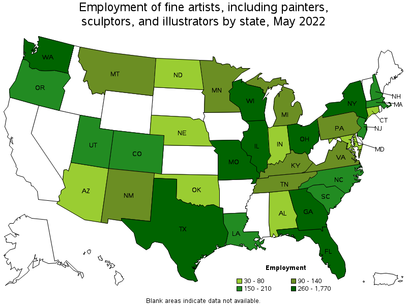 Map of employment of fine artists, including painters, sculptors, and illustrators by state, May 2022
