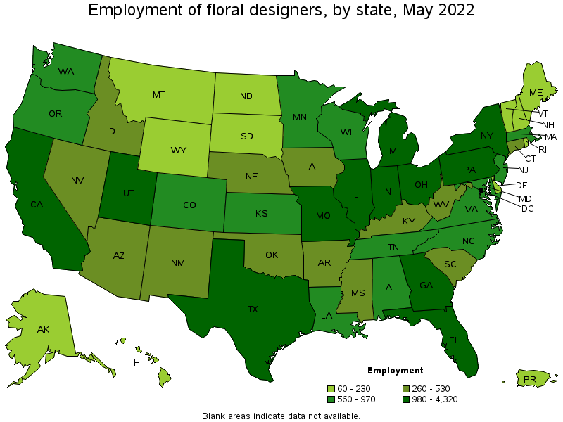 Map of employment of floral designers by state, May 2022