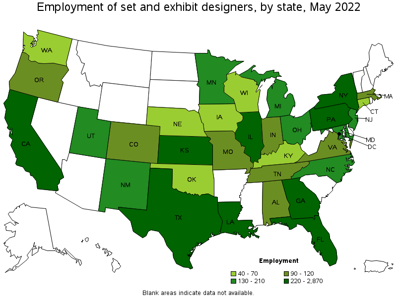 Map of employment of set and exhibit designers by state, May 2022