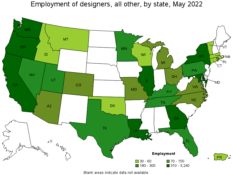 Map of employment of designers, all other by state, May 2022