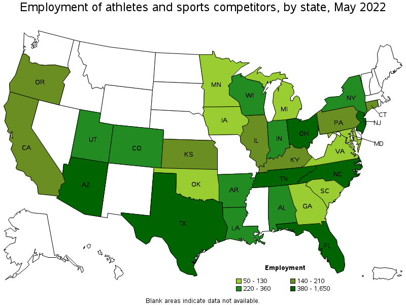 Map of employment of athletes and sports competitors by state, May 2022