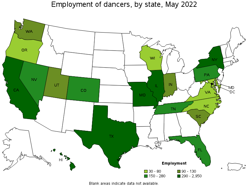 Map of employment of dancers by state, May 2022