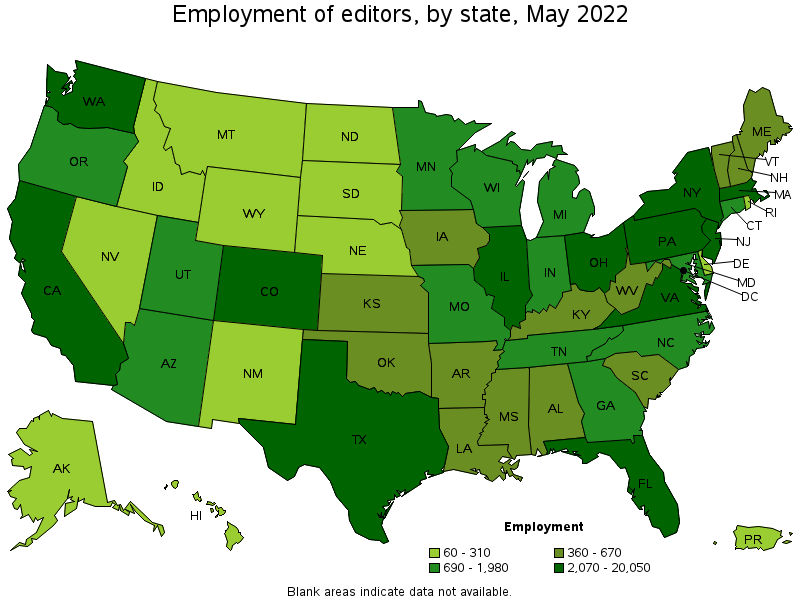 Map of employment of editors by state, May 2022