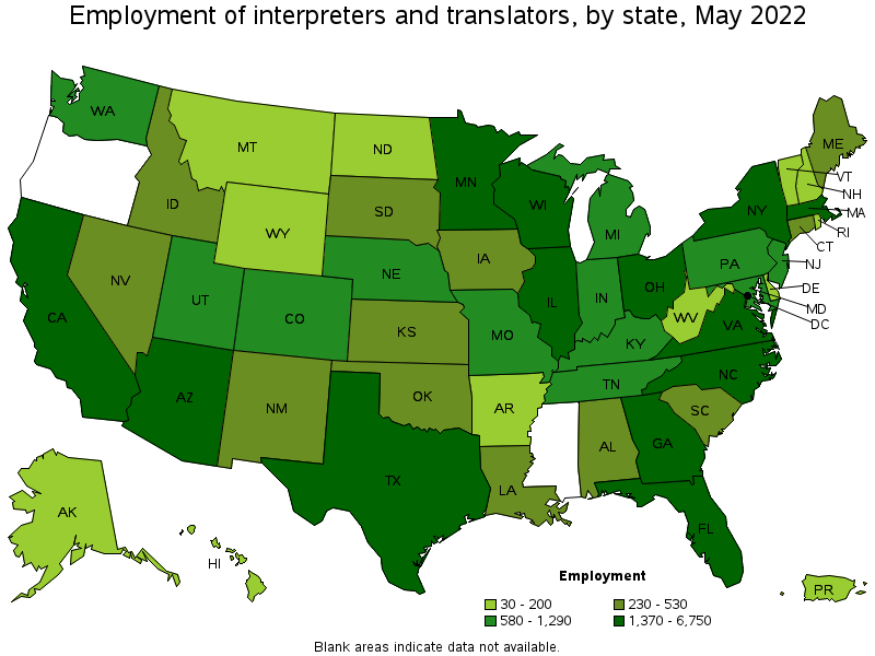 Map of employment of interpreters and translators by state, May 2022