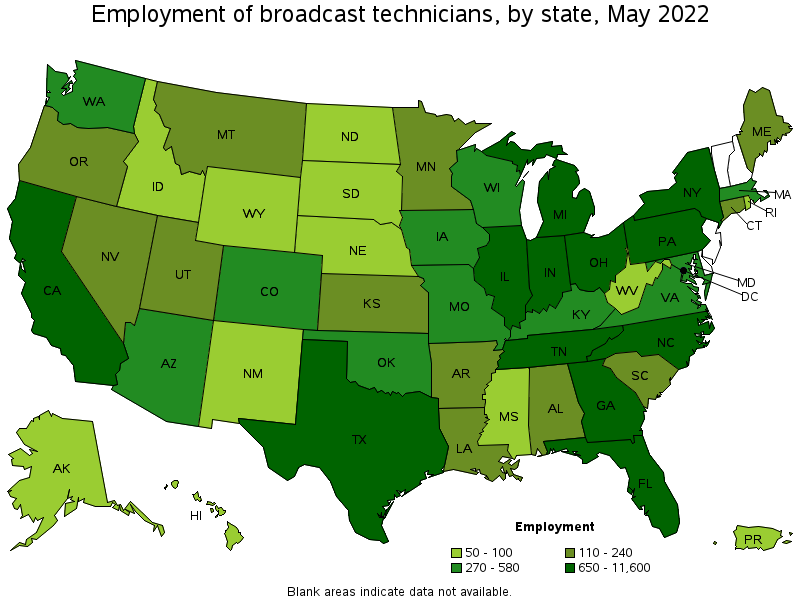 Map of employment of broadcast technicians by state, May 2022