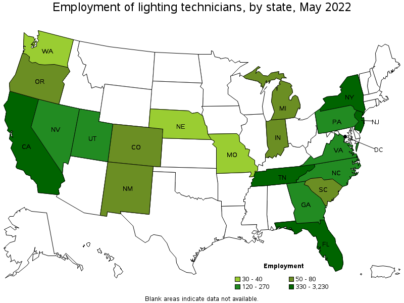 Map of employment of lighting technicians by state, May 2022