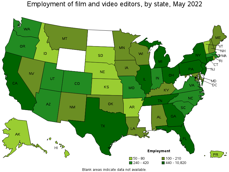 Map of employment of film and video editors by state, May 2022