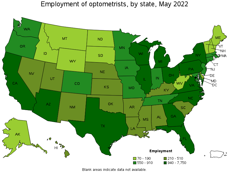 Map of employment of optometrists by state, May 2022