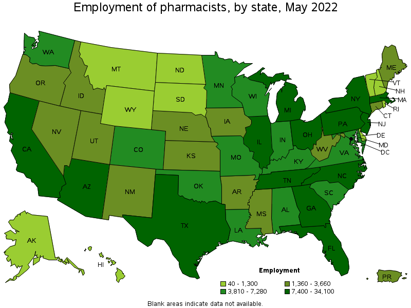 Map of employment of pharmacists by state, May 2022