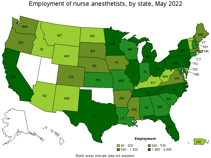 Map of employment of nurse anesthetists by state, May 2022