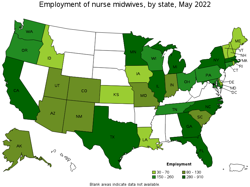 Map of employment of nurse midwives by state, May 2022