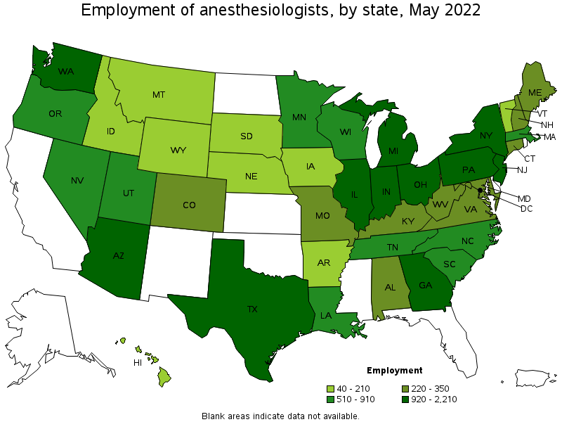 Map of employment of anesthesiologists by state, May 2022