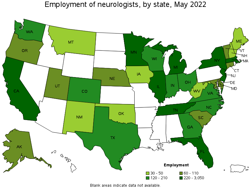 Map of employment of neurologists by state, May 2022