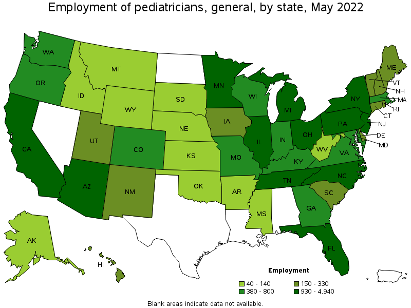 Map of employment of pediatricians, general by state, May 2022