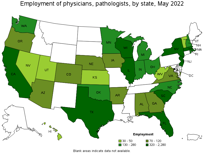 Map of employment of physicians, pathologists by state, May 2022