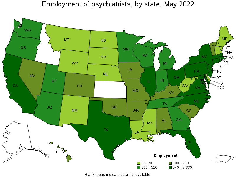 Map of employment of psychiatrists by state, May 2022